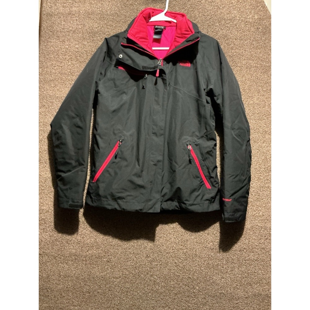 The North Face HyVent Jacket Black Red Accents Women M Hooded Removable Lining